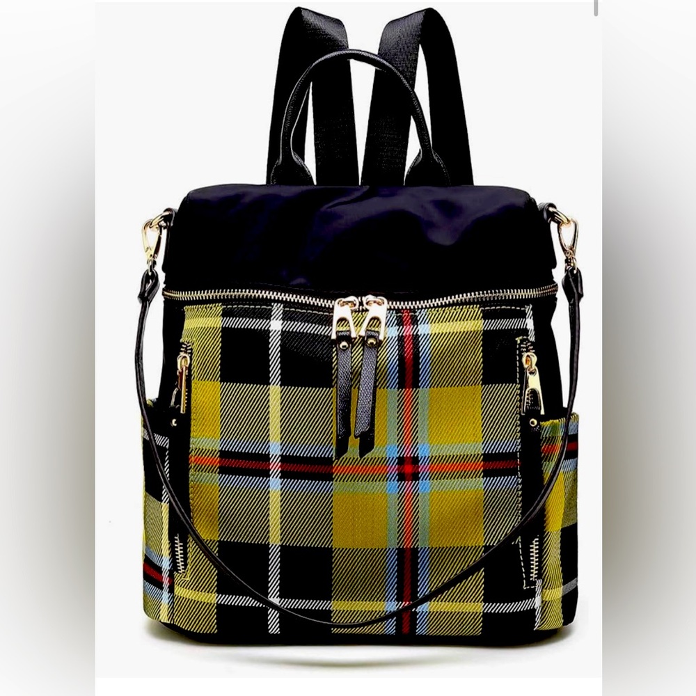 MKF collection yellow black checkered plaid backpack